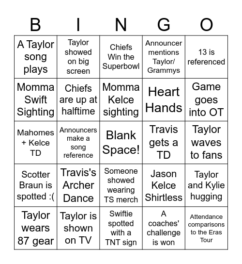 Superbowl LVIII (Taylor's Version) Bingo Card