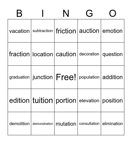 ION Words Bingo Card