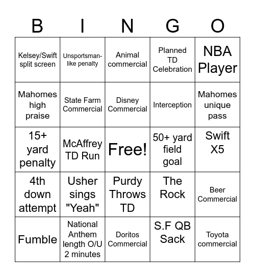 2024 Super Bowl Bingo Card Bingo Card