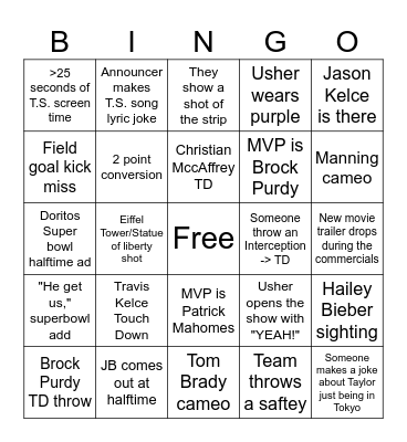 Superbowl LVIII Bingo Card