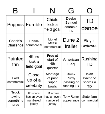 Super Bowl Bingo 2024 Bingo Card