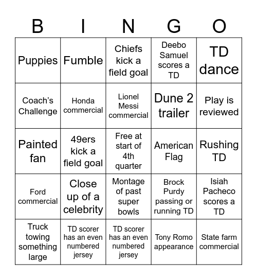 Super Bowl Bingo 2024 Bingo Card