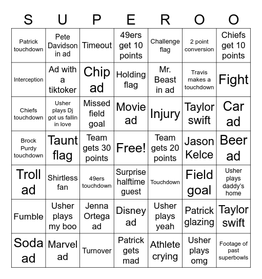 Super Bowl 2024 Bingo Card