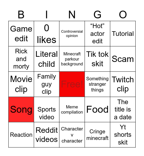 YouTube shorts Bingo Card