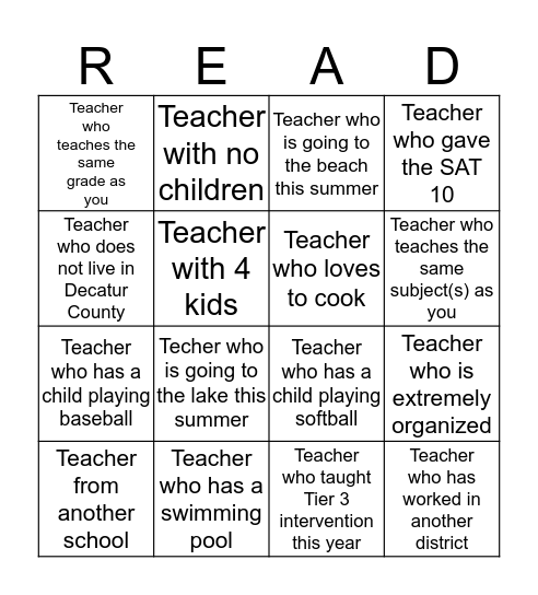 Teacher READ (Bingo) Bingo Card
