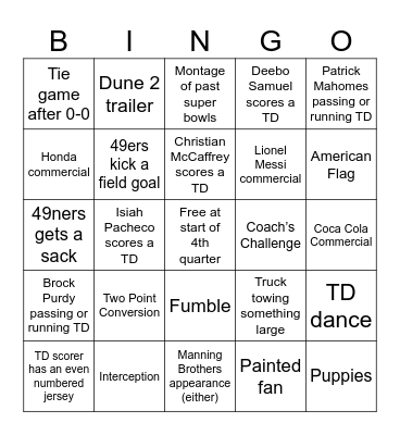 Super Bowl Bingo 2024 Bingo Card