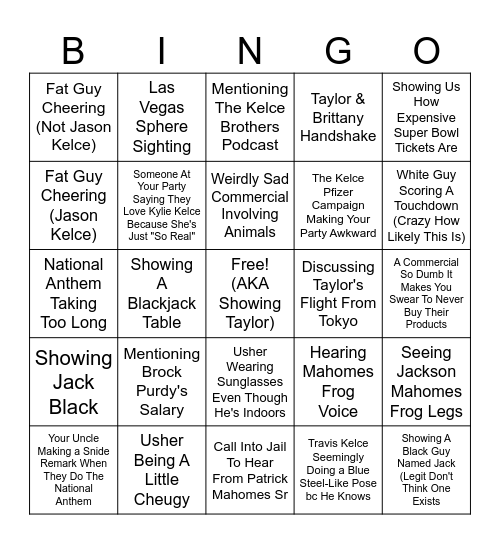 Super Bowl Sunday Bingo Card