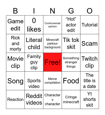 YouTube shorts Bingo Card