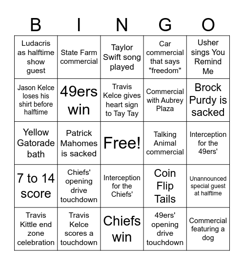 Super Bowl LVIII Bingo Card