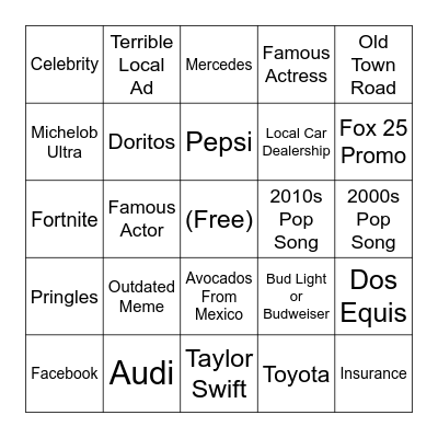 Super Bowl Commercial Bingo Card