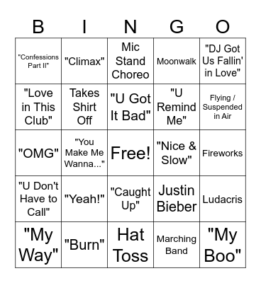 Usher Superbowl Bingo Card