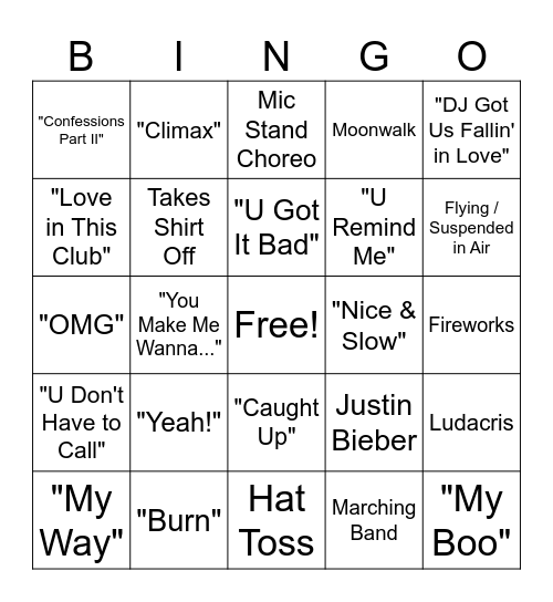 Usher Superbowl Bingo Card