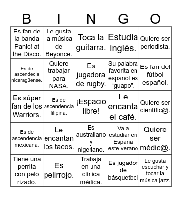 BINGO- La clase de Español 1.1  Bingo Card