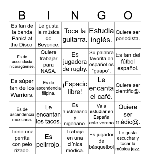 BINGO- La clase de Español 1.1  Bingo Card