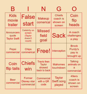 Super Bowl Bingo Card