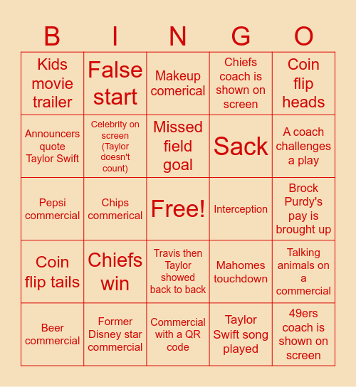 Super Bowl Bingo Card