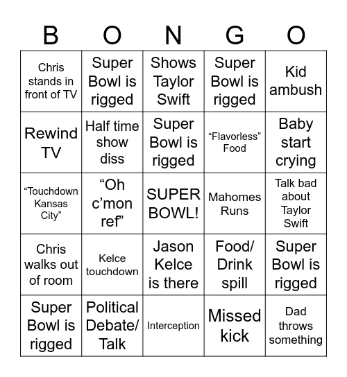 Super Bowl Bongo Bingo Card