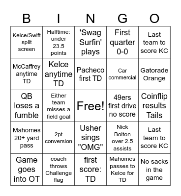 Superbowl Bingo Card