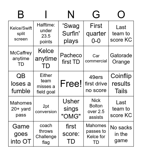 Superbowl Bingo Card