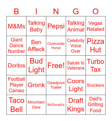 SUPERBOWL LVIII COMMERICAL BINGO Card