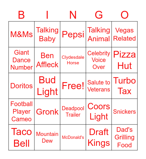 SUPERBOWL LVIII COMMERICAL BINGO Card