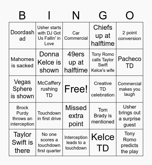 Super Bowl Bingo Card