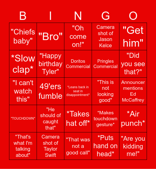 Chiefs vs 49er's Bingo Card