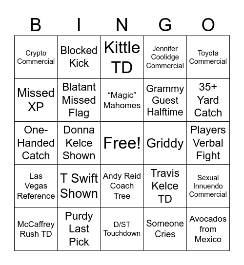 Super Bowl Bingo Card