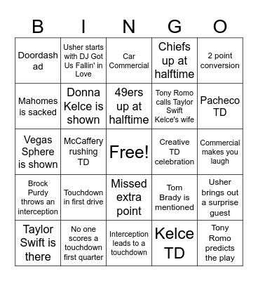 Super Bowl Bingo Card