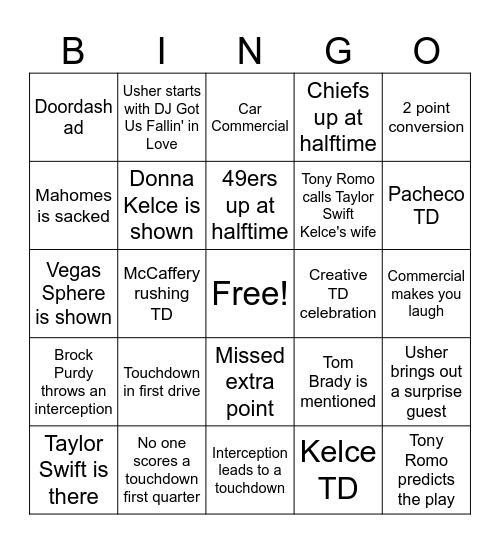 Super Bowl Bingo Card