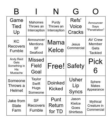 Super Bowl Bingo Card