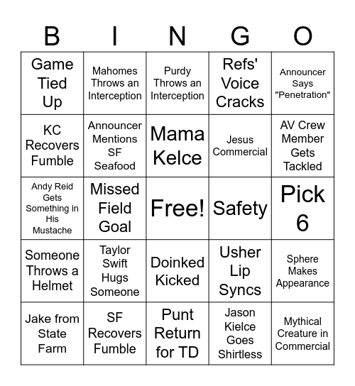 Super Bowl Bingo Card