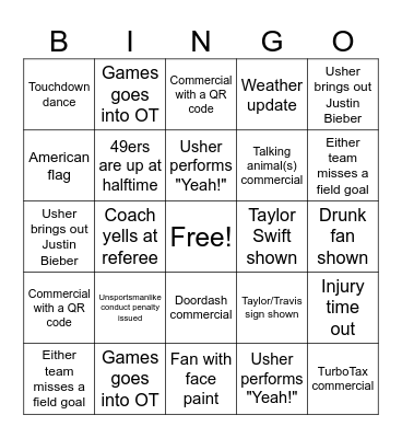 Superbowl Bingo Card