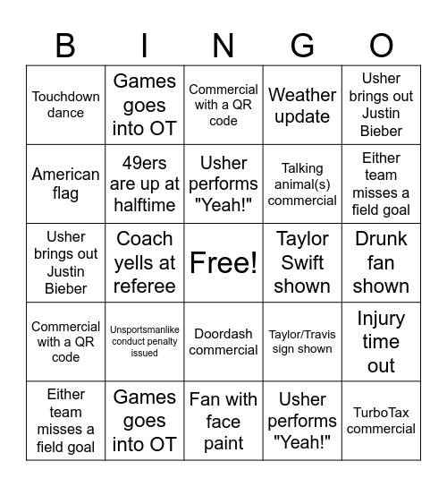 Superbowl Bingo Card