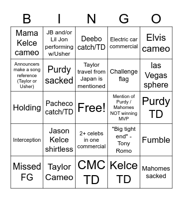 Super Bowl 58 Bingo Card