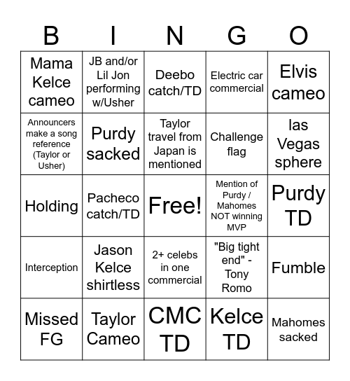 Super Bowl 58 Bingo Card