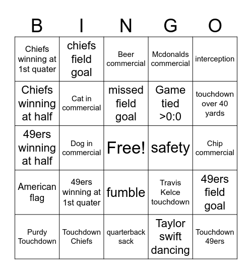 Superbowl Bingo Card