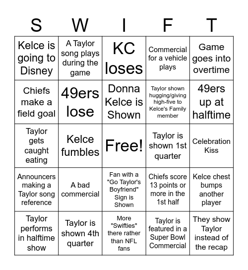 Swifties v NFL Bingo Card