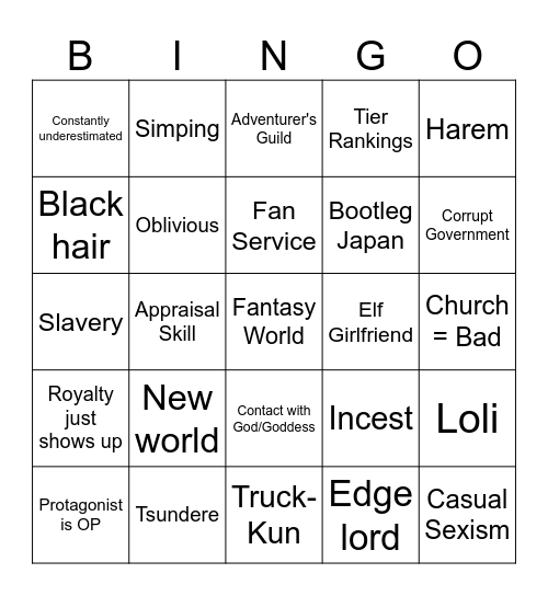 Isekai Bingo Card