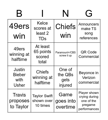 Super Bowl Bingo Card