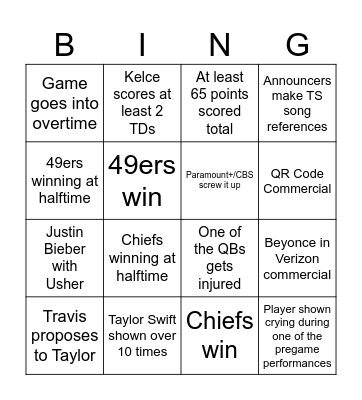 Super Bowl Bingo Card