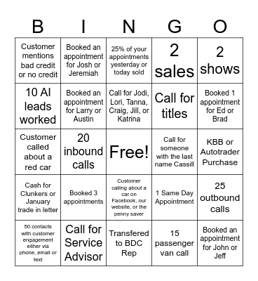 BDC Sales Bingo Card