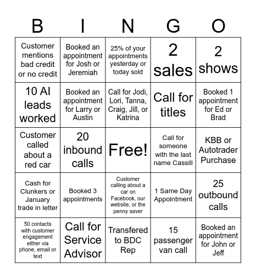 BDC Sales Bingo Card