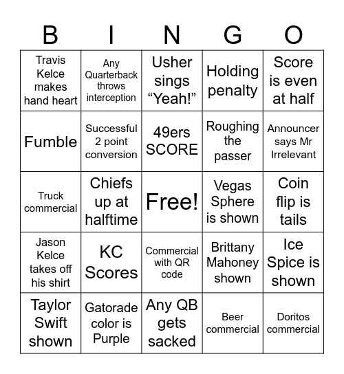 Super Bowl LVIII BINGO Card