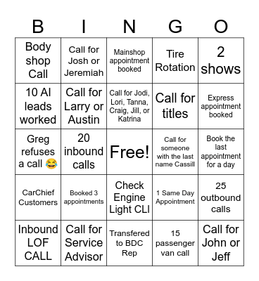 BDC Service Bingo Card