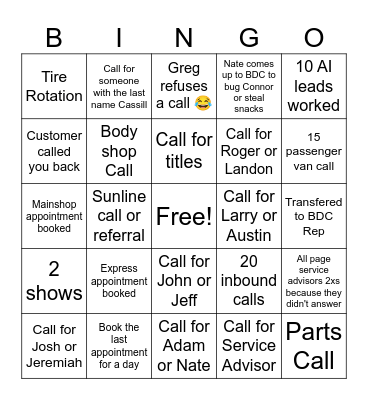 BDC Service Bingo Card