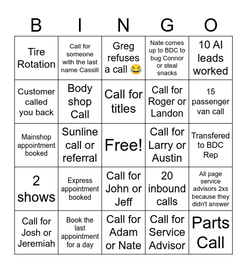 BDC Service Bingo Card