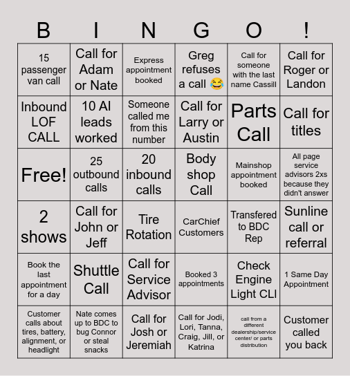 BDC Service Bingo Card