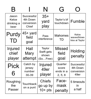 Super Bowl 2024 Bingo Card