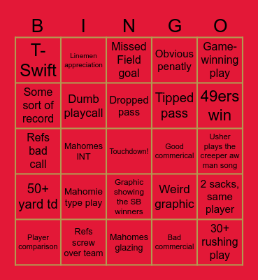 Super Bowl Bingo Card